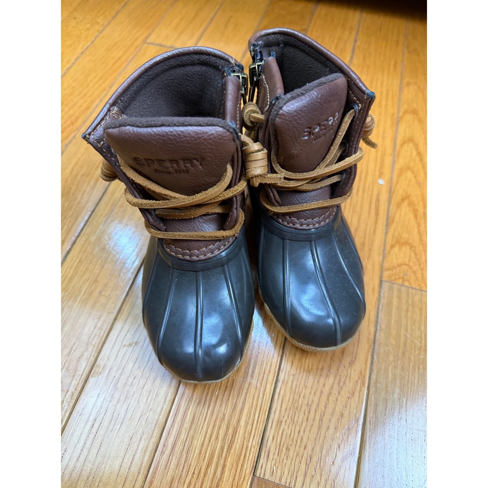 Sperry Saltwater Duck Boots Girls 8M Brown Black Side Zip CG55362A
